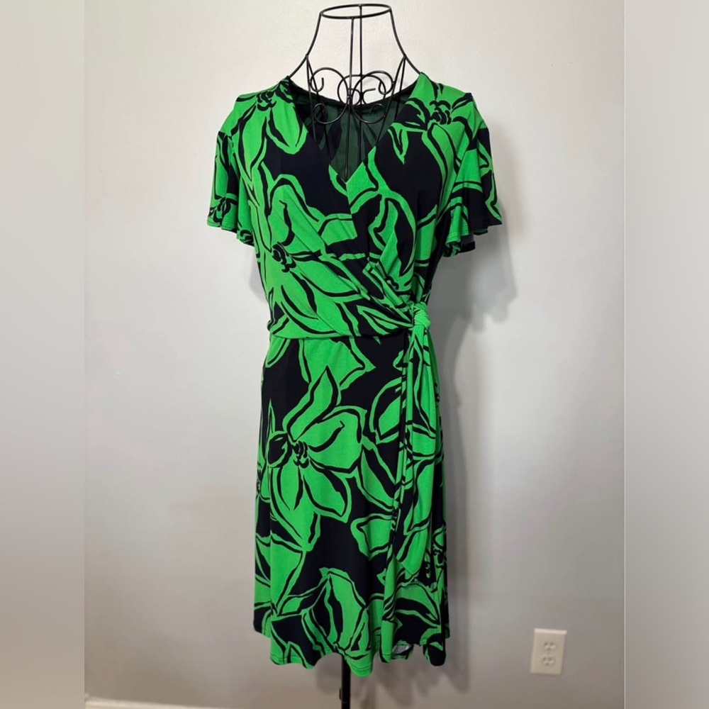 Green and Black Floral Wrap Dress - Size L